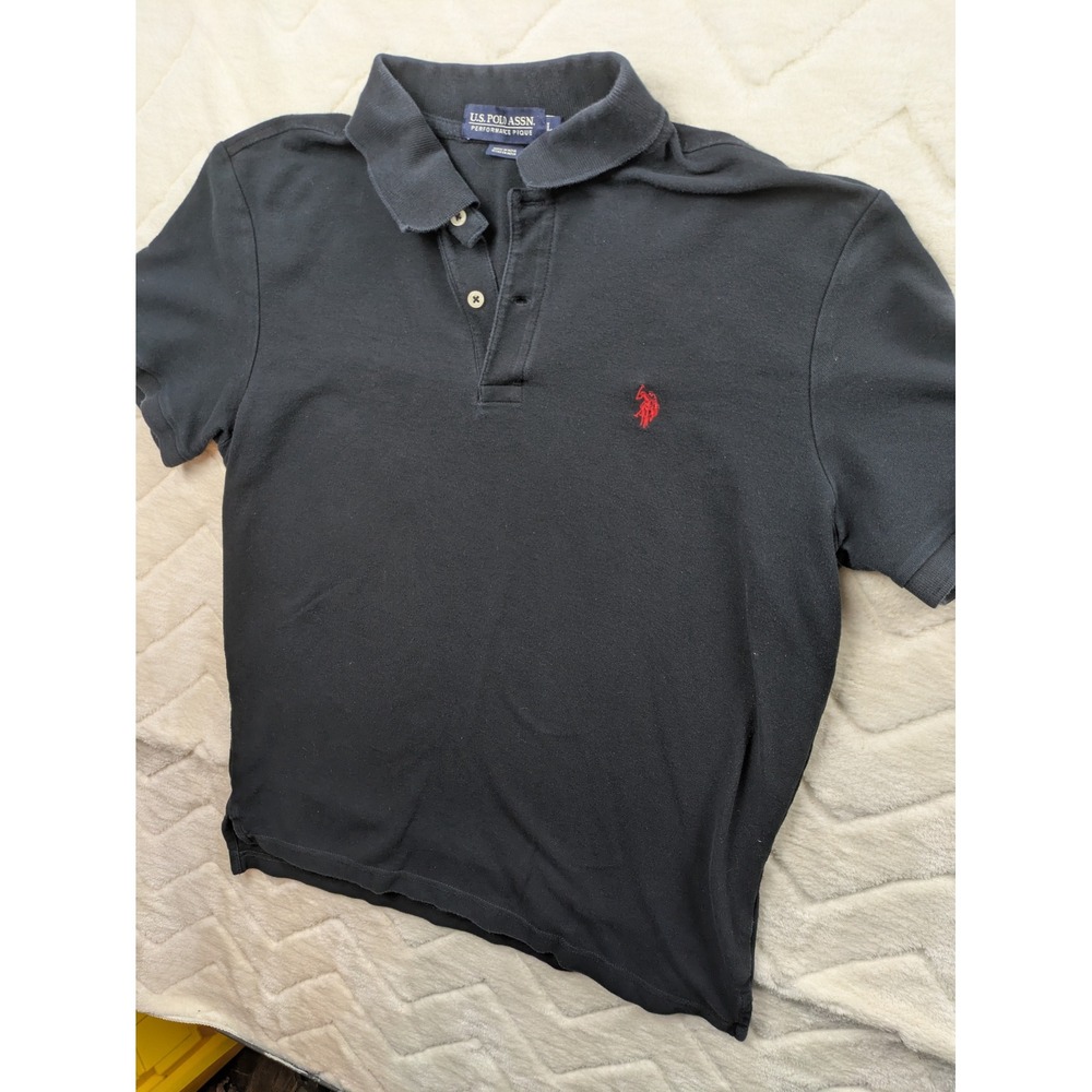 US Polo Assn Mens Performance Pique Polo Shirt Black Red Logo Large
